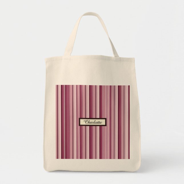 Modern Pink Mauve Striped Personalised Grocery  Tote Bag (Front)