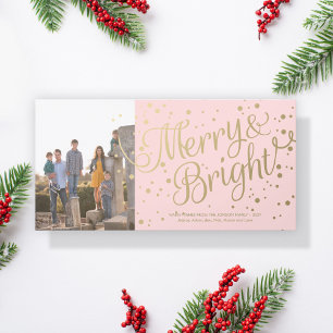 Modern Pink Merry and Bright Confetti Photo Card