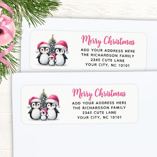 Modern Pink Merry Christmas Cute Penguins Family