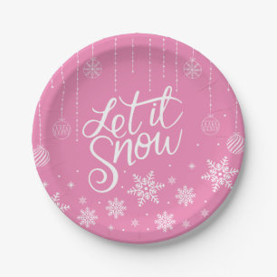 Modern Pink Merry Christmas Snowflakes Paper Plate