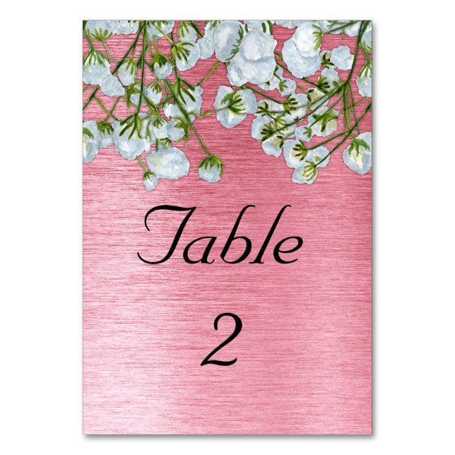 Modern Pink Metal and White Roses Wedding Table Number (Front)