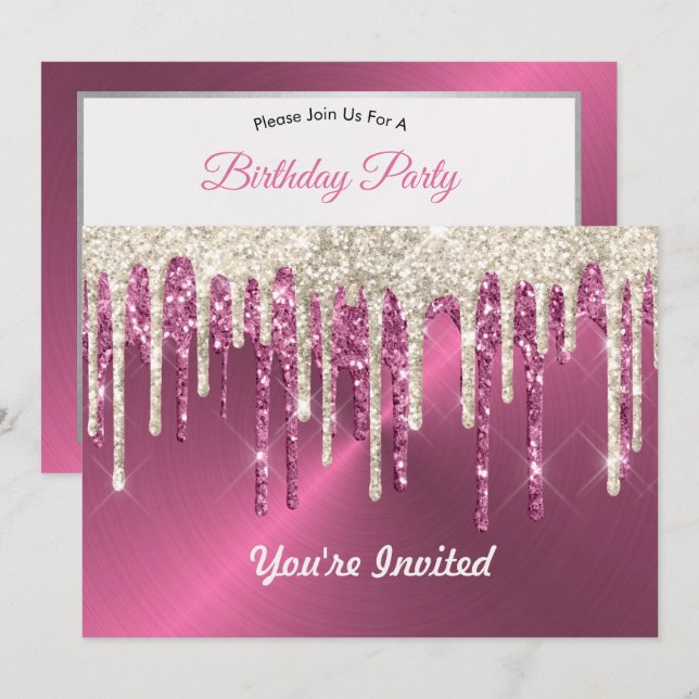 Modern Pink Metal Beige Glitter Drips Birthday Invitation (Front/Back)