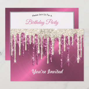 Modern Pink Metal Beige Glitter Drips Birthday Invitation