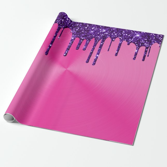 Modern Pink Metal Purple Glitter Drips Wrapping Paper (Unrolled)