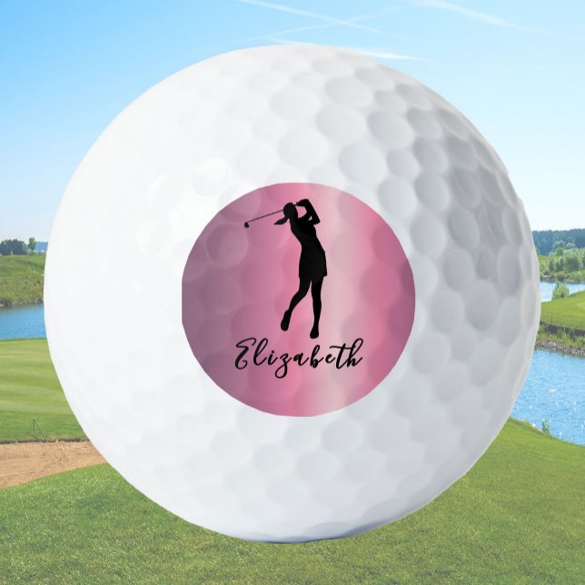 Modern Pink Metallic Look Lady Golfer Custom Name Golf Balls (Creator Uploaded)