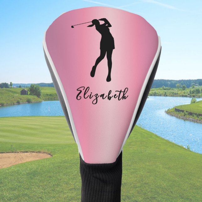 Modern Pink Metallic Look Lady Golfer Custom Name Golf Head Cover (Creator Uploaded)