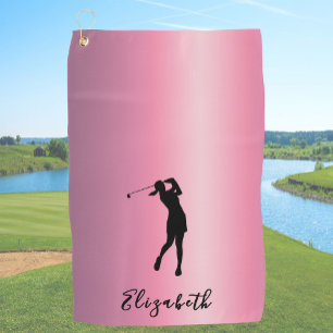 Modern Pink Metallic Look Lady Golfer Custom Name Golf Towel