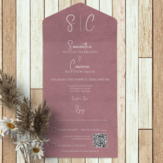 Modern Pink Minimal Monogram QR Code All In One Invitation (Creator Uploaded)
