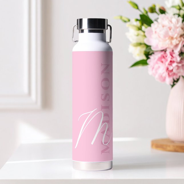 Modern Pink Minimalist Initial Monogram Water Bottle (Creator Uploaded)