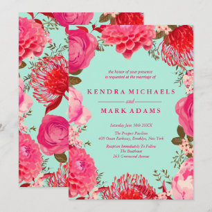Modern, Pink & Mint Floral Wreath Invitations