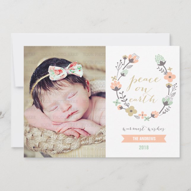 Modern Pink Mint Holiday Floral Custom Photo Card (Front)