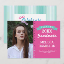 Modern Pink & Mint Stripes Photo Graduation