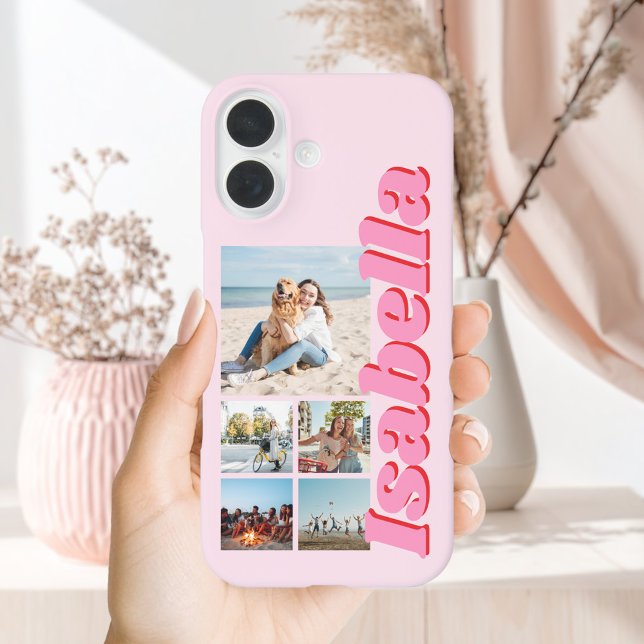 Modern Pink Monogram 5 Photo Collage Case-Mate iPhone Case (Creator Uploaded)