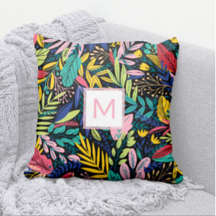 Modern Pink Monogram Colourful Leaves Line Art Cushion