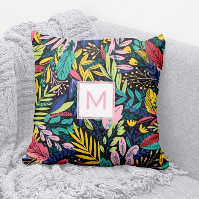 Modern Pink Monogram Colourful Leaves Line Art Cushion (Modern Pink Monogram Pillow with Bright, Cheery, Colorful Leaves Pattern)