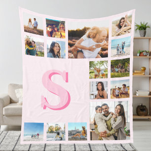 Modern Pink Monogram Custom 15 Photo Collage Fleece Blanket