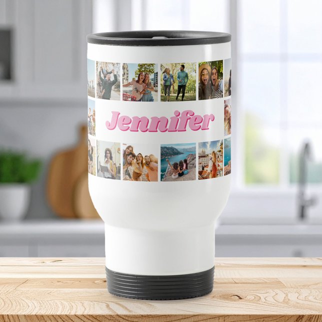 Modern Pink Monogram Personalised 20 Photo Collage Travel Mug (Creator Uploaded)