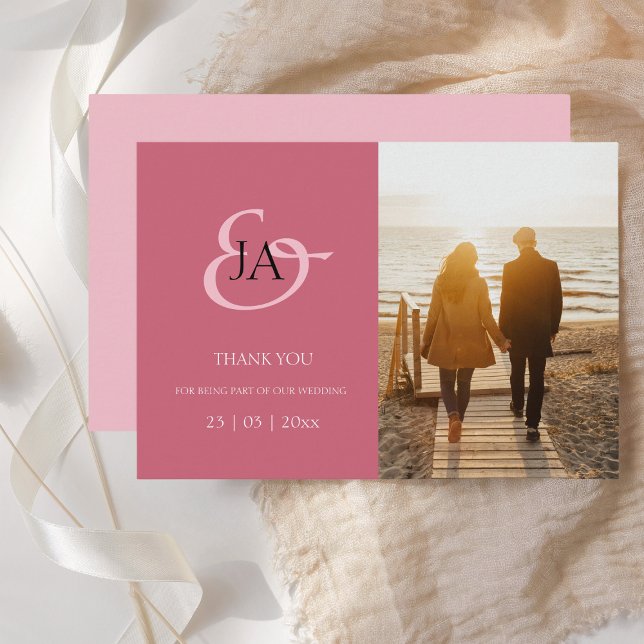 Modern Pink Monogram Photo Wedding Thank You (Creator Uploaded)