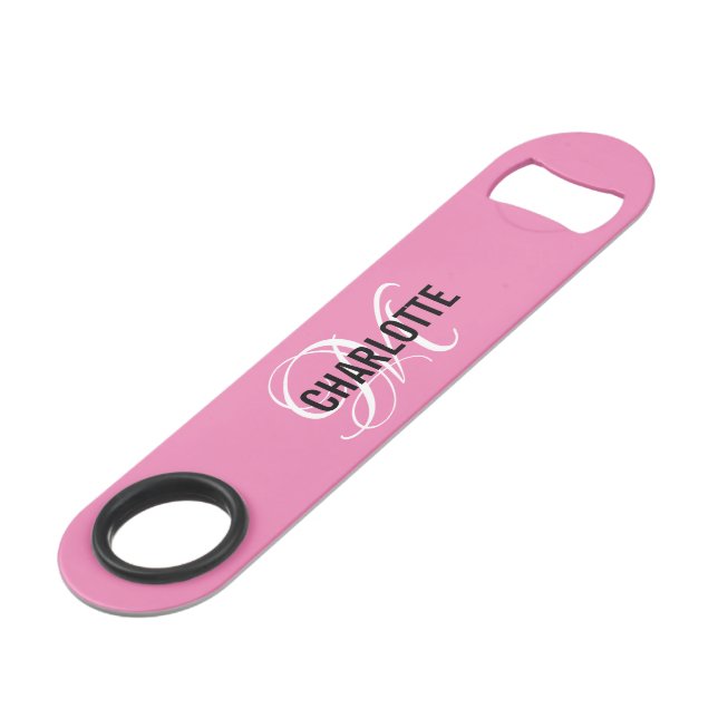 Modern pink monogrammed name bar key (Front Angled)