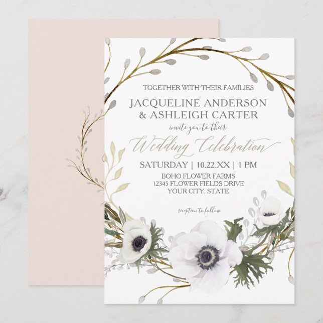 Modern Pink n White Twig Eucalyptus Wreath Wedding Invitation (Front/Back)