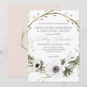 Modern Pink n White Twig Eucalyptus Wreath Wedding Invitation