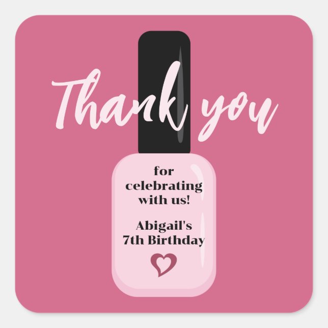 Modern Pink Nail Polish Thank You Birthday Square Sticker (Front)