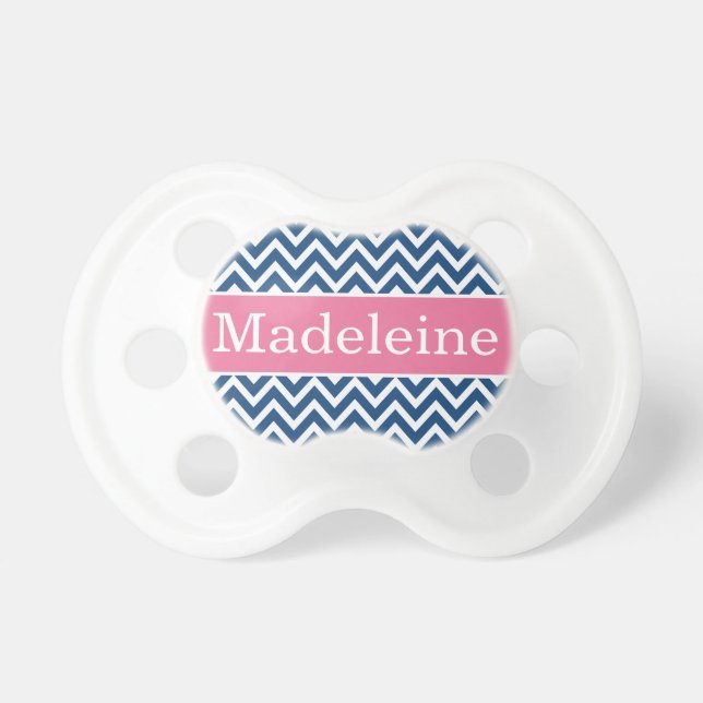 Modern Pink Navy Chevron Baby Girl Monogram Dummy (Front)