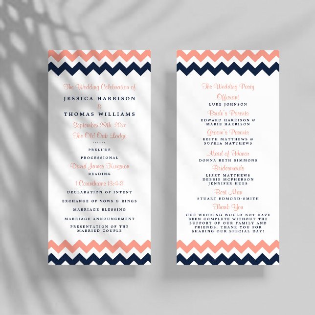 Modern Pink & Navy Chevron Wedding Program Rack Card (Creator Uploaded)