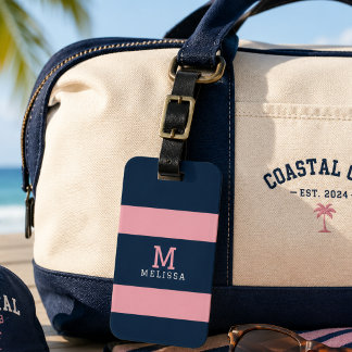 Modern Pink Navy Coastal Stripe Monogram Luggage Tag