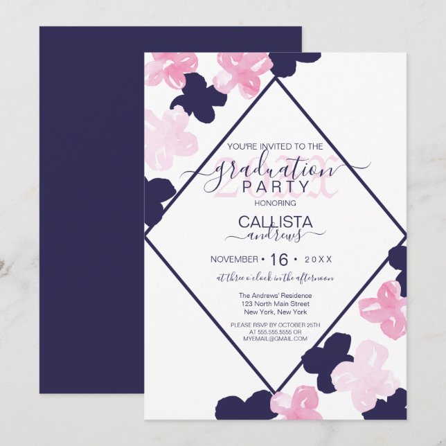 Modern Pink Navy Watercolor Flowers Graduation Invitation (Front/Back)