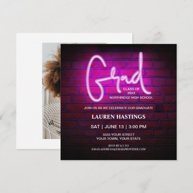 Modern Pink Neon 2023 Photo Graduation Party Invitation (Front/Back)