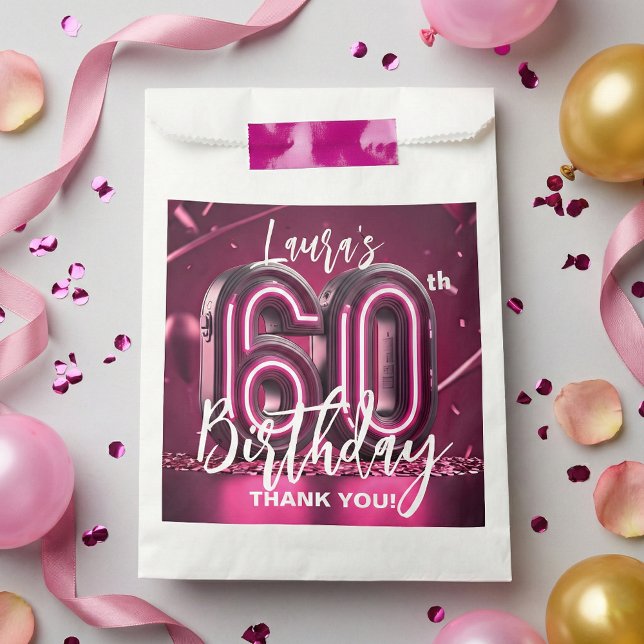 Modern Pink Neon 3D 60th Birthday Party Thank You Favour Bags (Creator Uploaded)