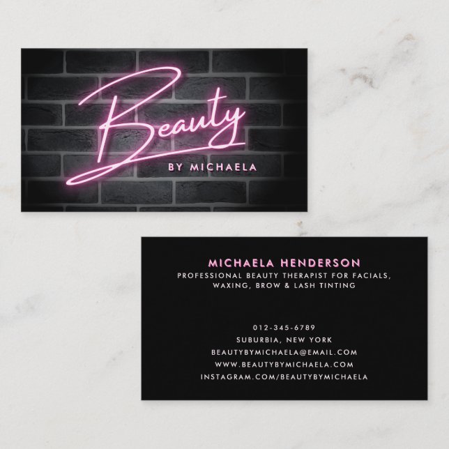 Modern Pink Neon 'Beauty' Sign On Brick Wall Business Card (Front/Back)