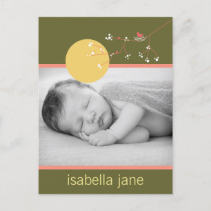 Modern Pink Nesting Bird Family Simple Photo Birth Announcement Postcard