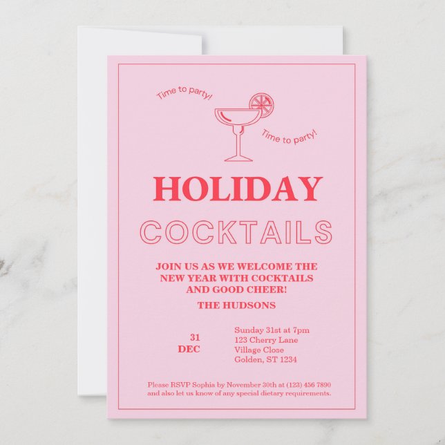 Modern Pink New Year's Eve Cocktail Party Holiday Card (Front)