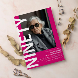 Modern Pink NINETY Photo 90th Birthday Party Invitation