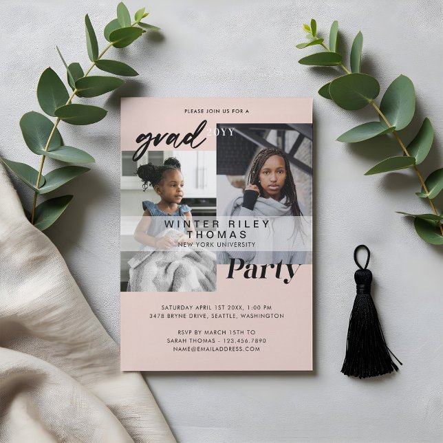 Modern Pink Now & Then Two Photo Graduation Party Invitation (Modern Pink Now & Then Two Photo Graduation Party Invitation)