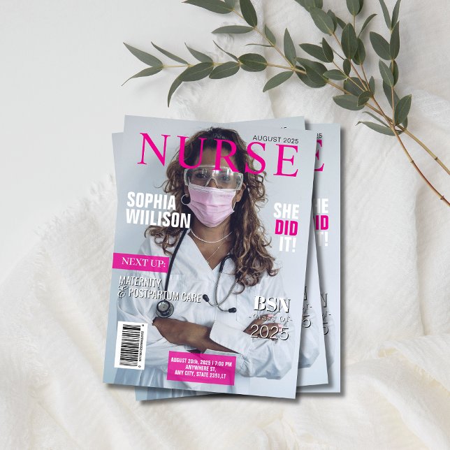 Modern Pink nursing magazine graduation photo Invi Invitation (Creator Uploaded)