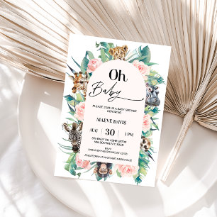 Modern Pink Oh Baby Arched Safari Baby Shower Invitation