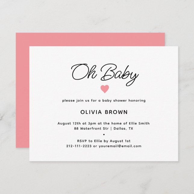 Modern Pink Oh Baby Shower Invitation (Front/Back)
