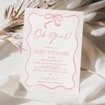 Modern Pink Oh Girl Bow Baby Shower Invitation