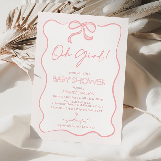 Modern Pink Oh Girl Bow Baby Shower Invitation (Whimsical Pink Bow baby Shower Invitation, Simple Bow Themed Baby Shower Invitation For Baby Girl.)