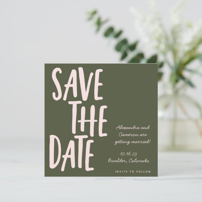 Modern Pink Olive Green Handwriting Wedding Save The Date (Standing Front)