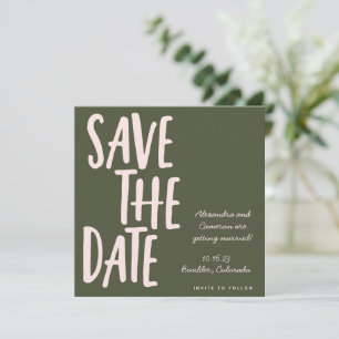 Modern Pink Olive Green Handwriting Wedding Save The Date