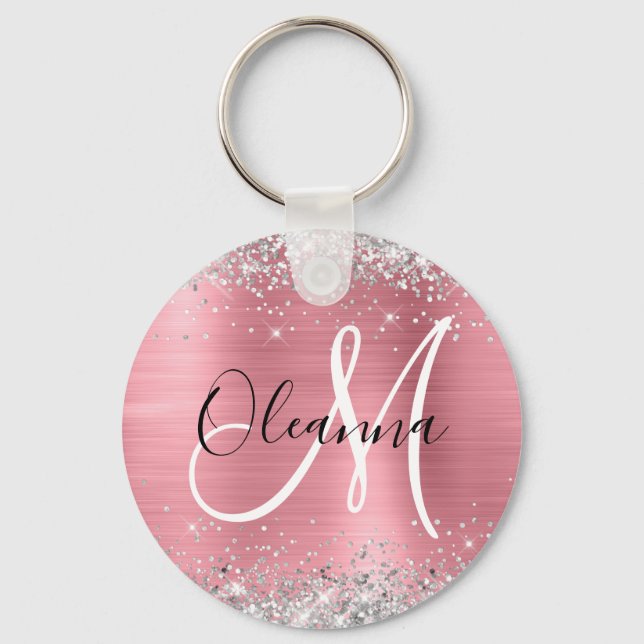 Modern Pink Ombre Foil Silver Glitter Monogram Key Ring (Front)