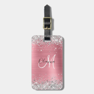 Modern Pink Ombre Foil Silver Glitter Monogram Luggage Tag