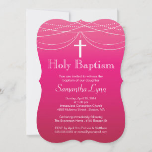 Modern Pink Ombre Garland Cross Holy Baptism Invitation