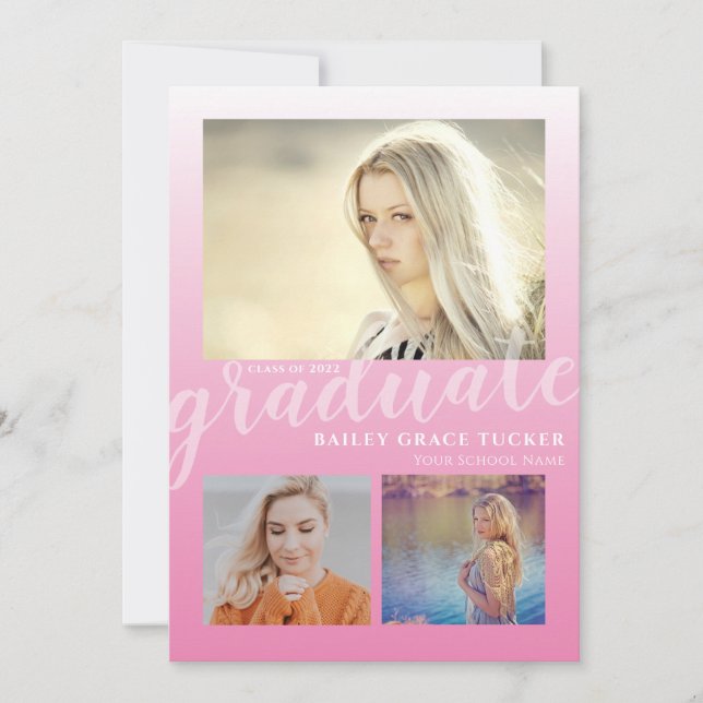 Modern Pink Ombre Graduate 3-photo Graduation Announcement (Front)
