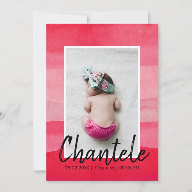 Modern  Pink Ombre Watercolor Photo Girl Birth Announcement (Front)