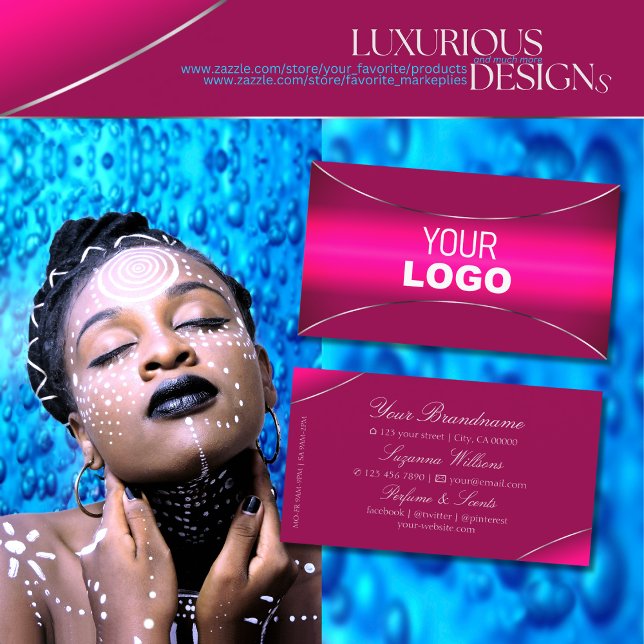 Modern Pink Ombre with Chic Silver Border and Logo Business Card (Creator Uploaded)